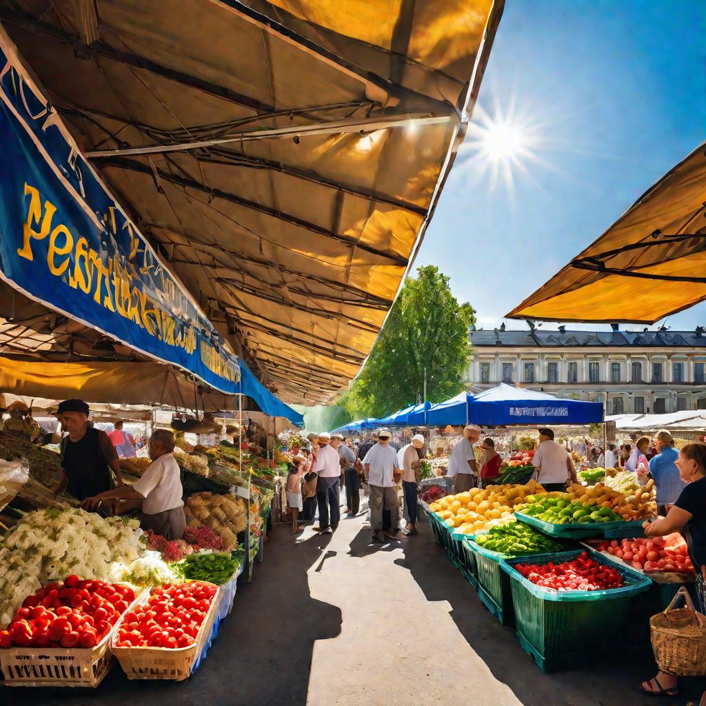 Оживленная сцена на рынке в солнечное летнее утро