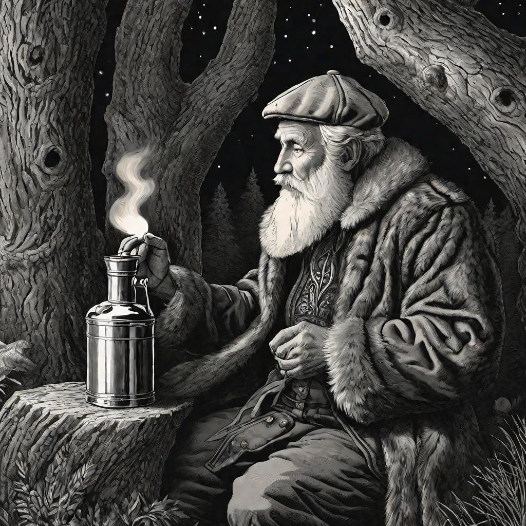 Старик пьет из свистящей фляги в лесу на закате