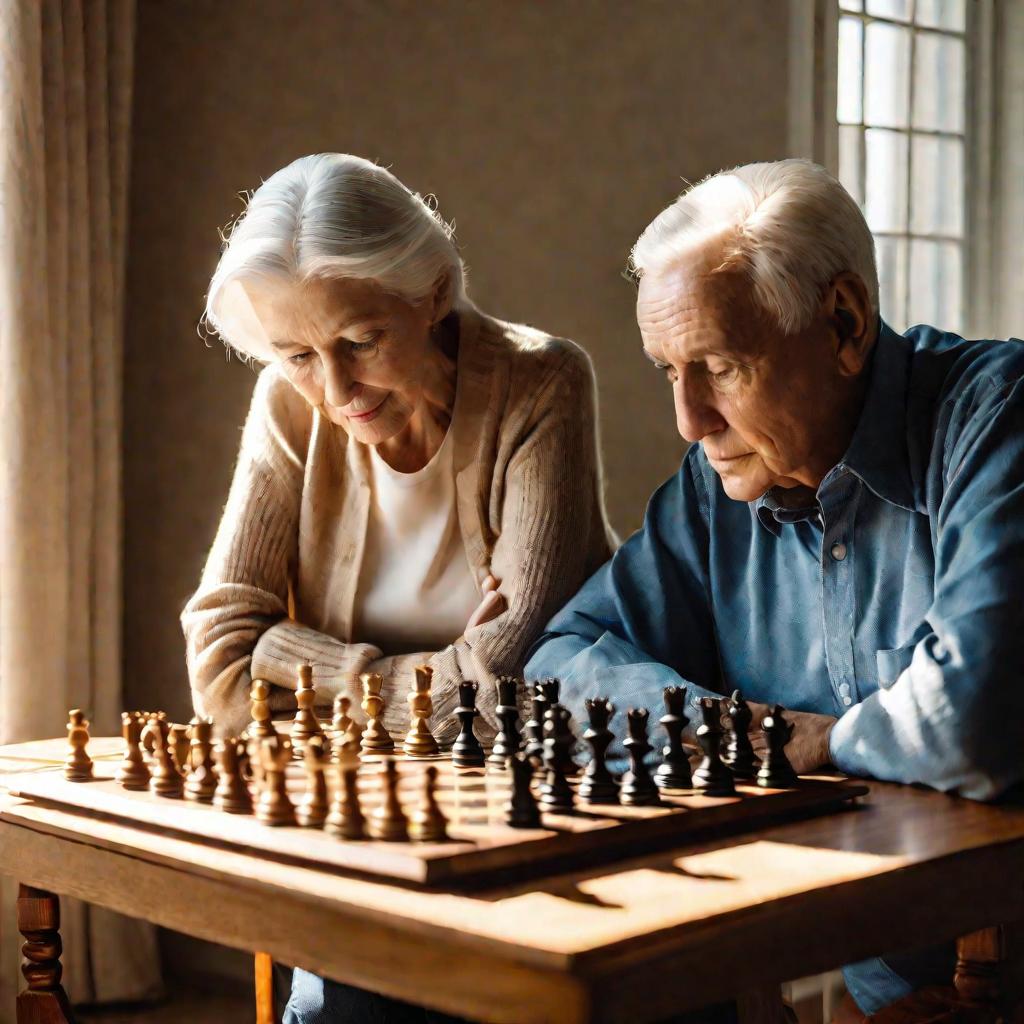 Пожилые мужчина и женщина играют в шахматы за столом у окна