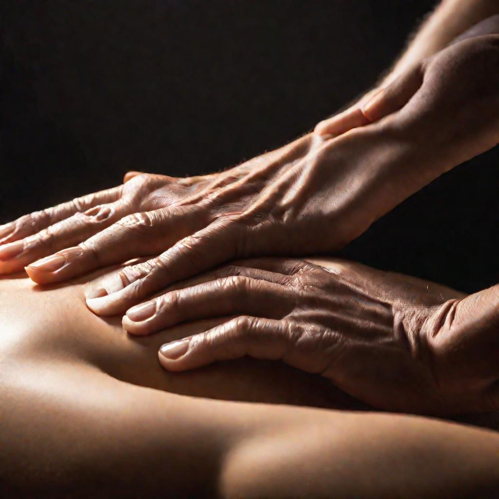 Руки массажиста, делающего массаж спины.