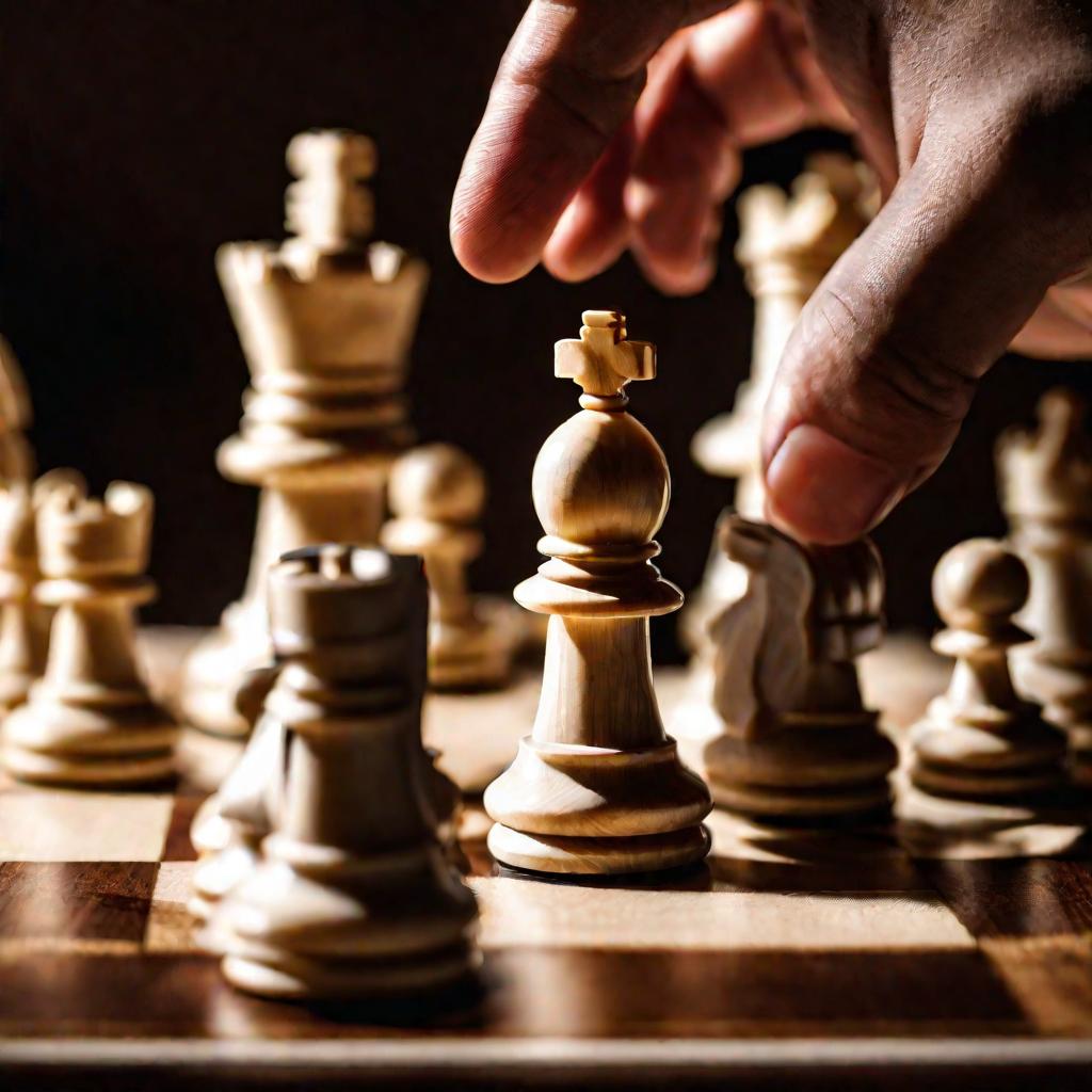 Рука двигает белого короля по шахматной доске.