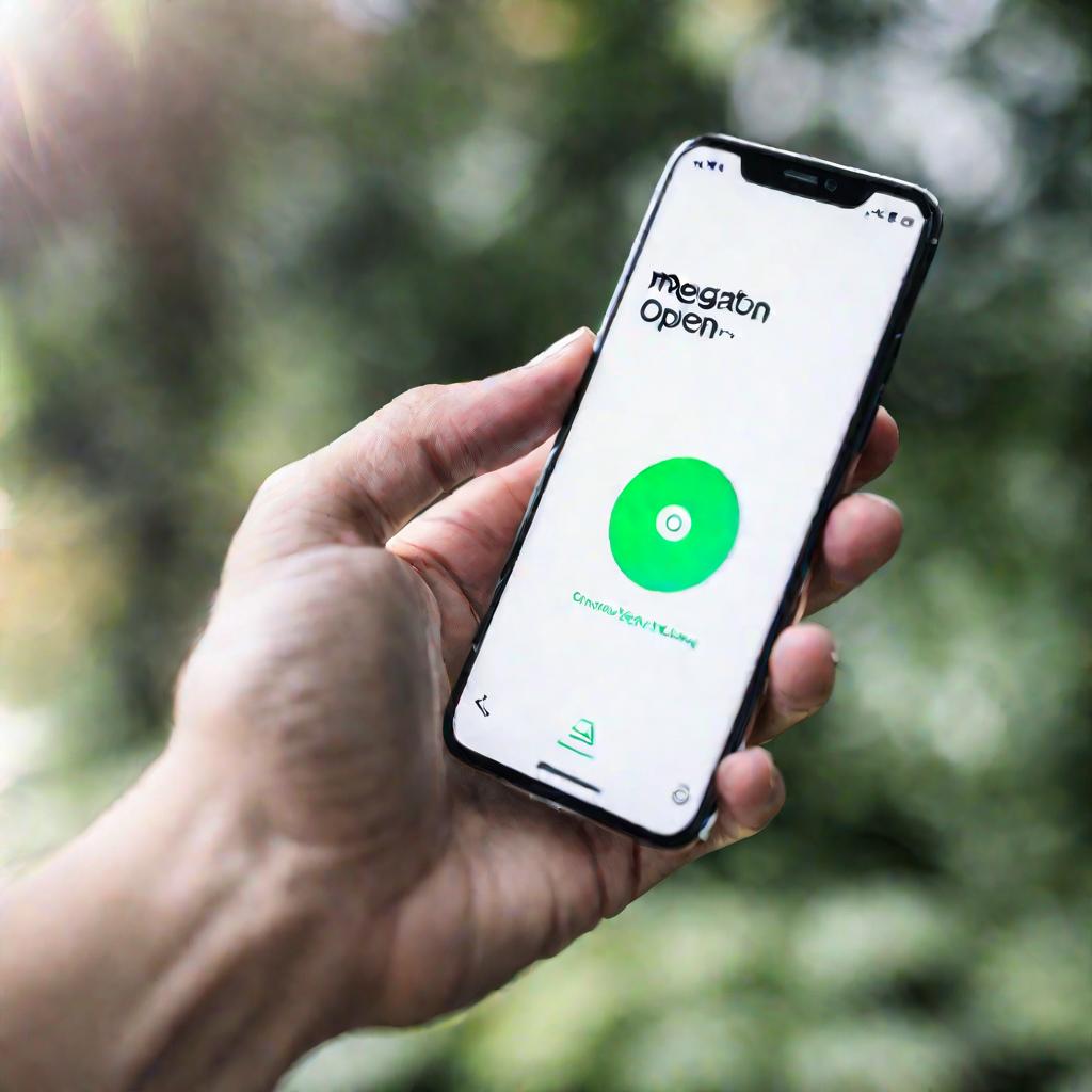 Вид снизу на руку, держащую смартфон с открытым приложением МегаФона. Фон размыт. Палец нажимает на пункт