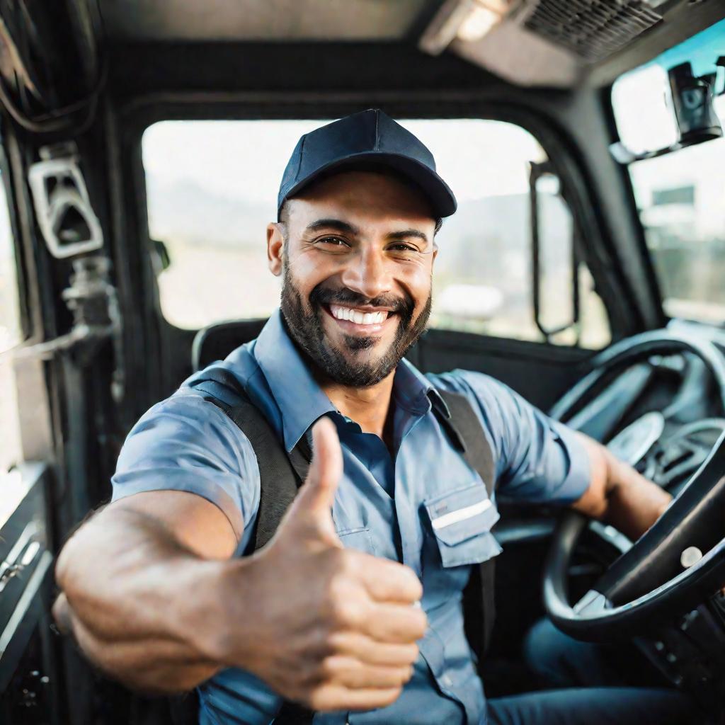 Портрет улыбающегося водителя в кабине грузовика