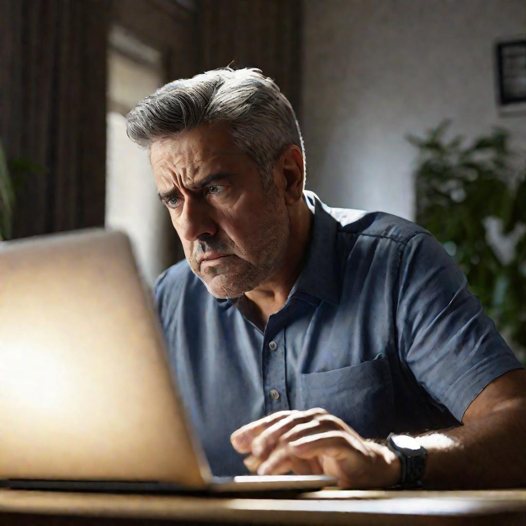 Мужчина сидит за ноутбуком и выглядит шокированным увиденной на экране информацией, указывая, что он обнаружил неизвестный кредит на свое имя