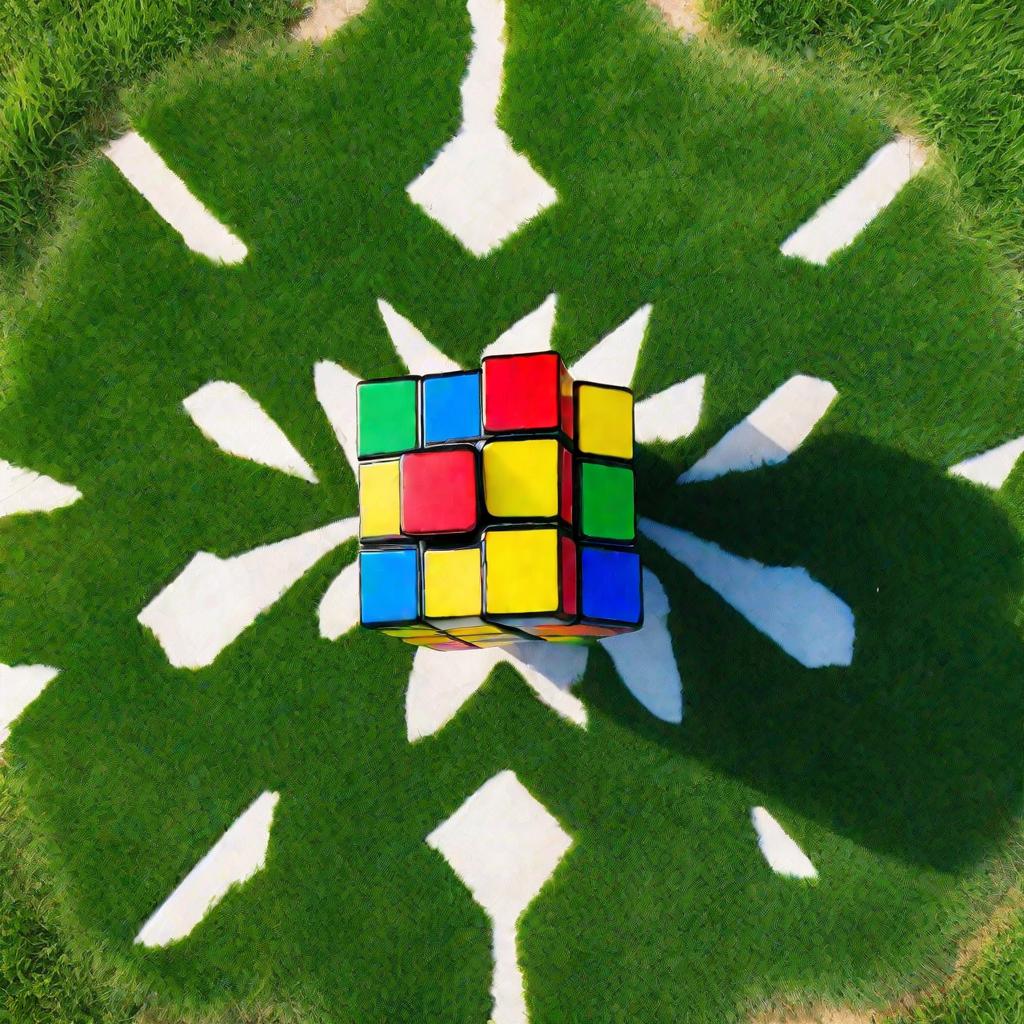 Вид сверху на головоломку кубик Рубика 2х2 в парке в солнечный весенний день на фоне яркой зеленой травы