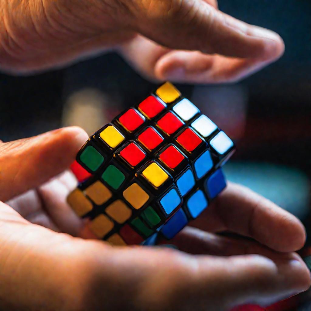 Крупный план руки, поворачивающей верхний слой частично собранного кубика Рубика 2х2 при мягком направленном освещении, подчеркивающем глянцевые цвета головоломки.