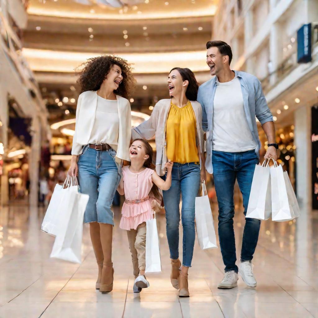 Средний план счастливой улыбающейся семьи из 4 человек, смеющихся и идущих вместе по яркому оживленному интерьеру торгового центра Лазурный. Стильные родители держат пакеты для покупок, а возбужденные дети показывают на витрины магазинов.
