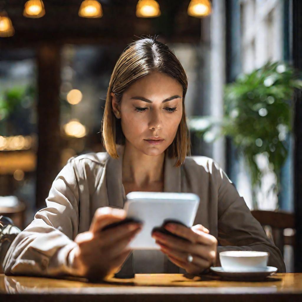 Женщина пользуется смартфоном в кафе