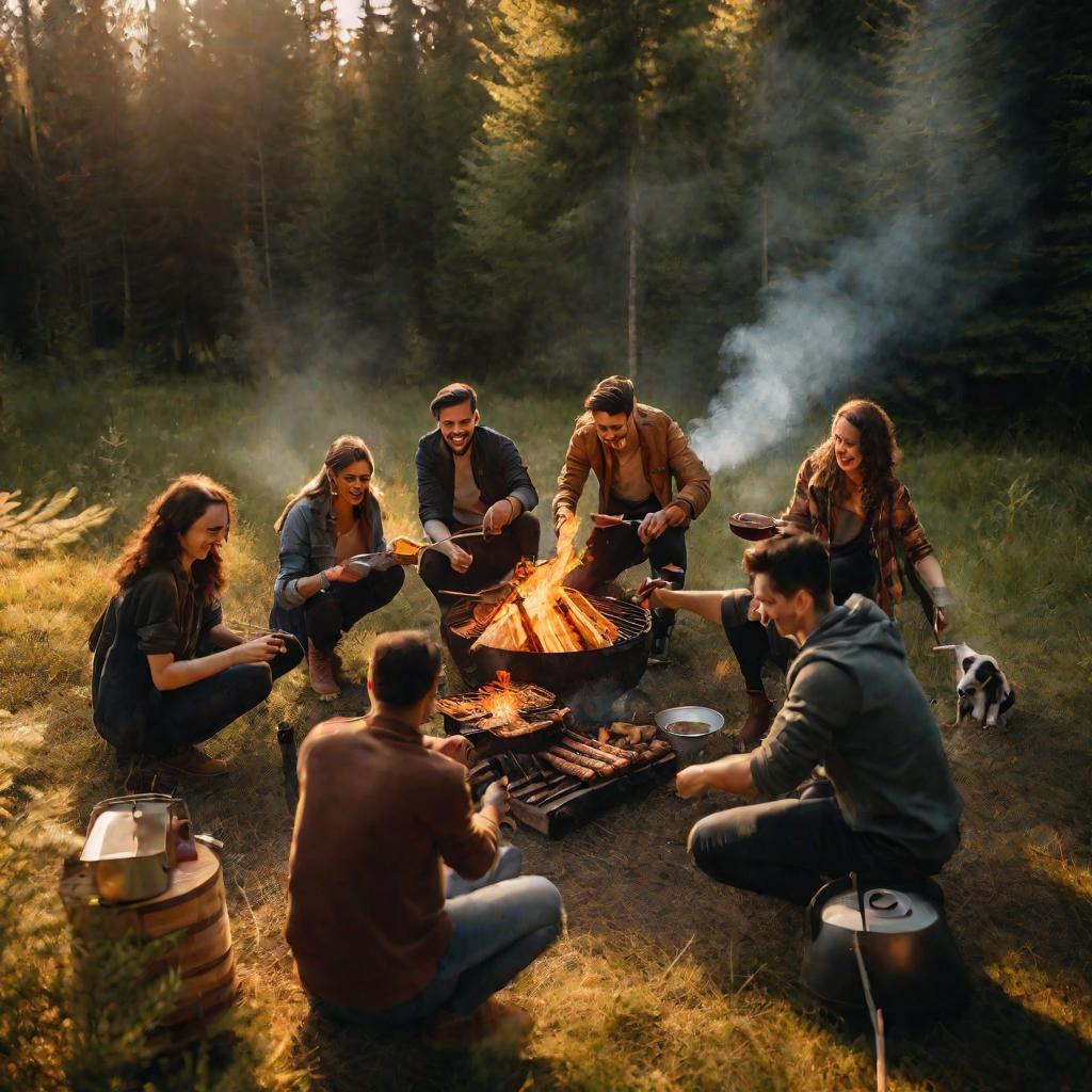 Друзья разжигают мангал в лесу на закате