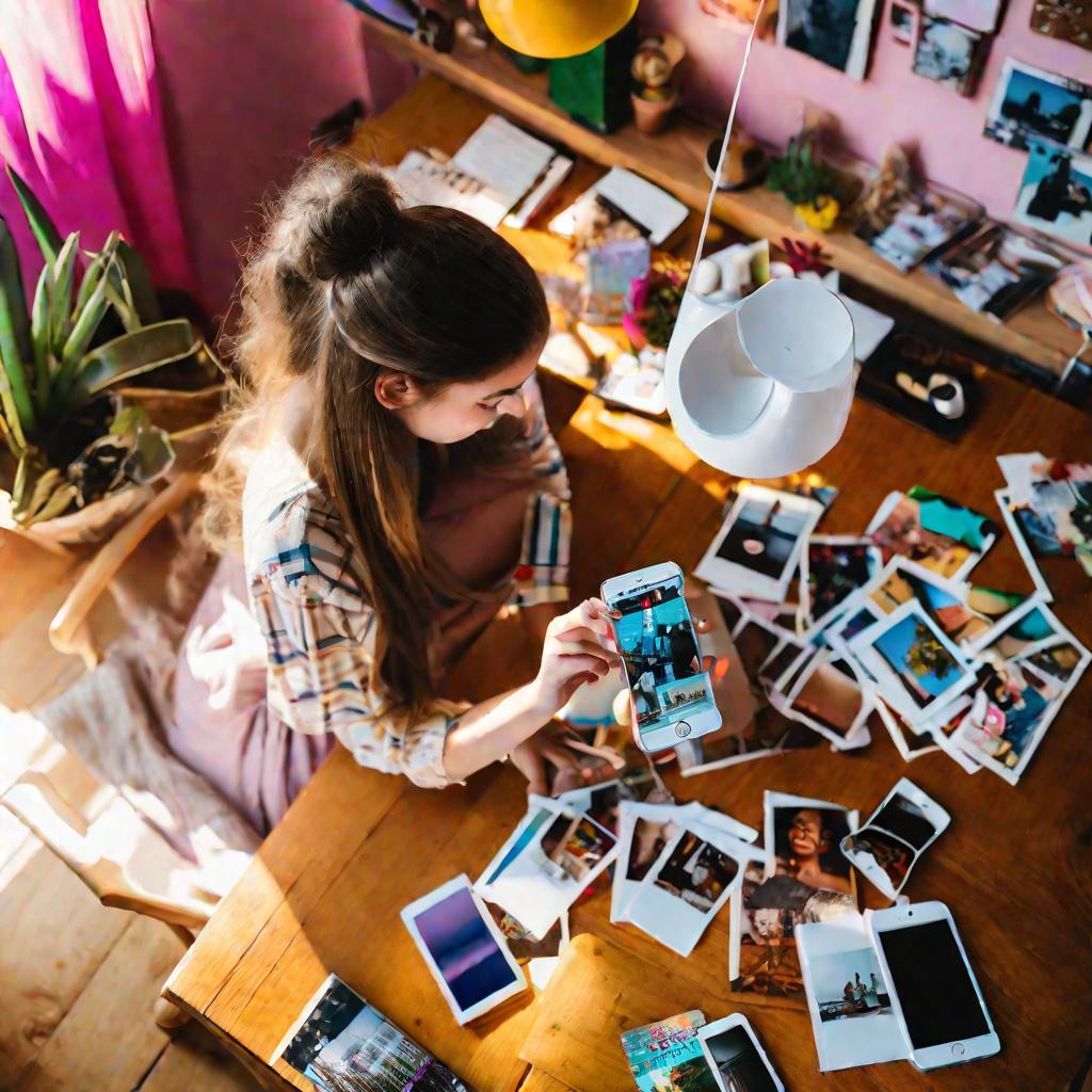 Девушка-подросток делает фотоколлаж на айфоне за деревянным столом в своей комнате