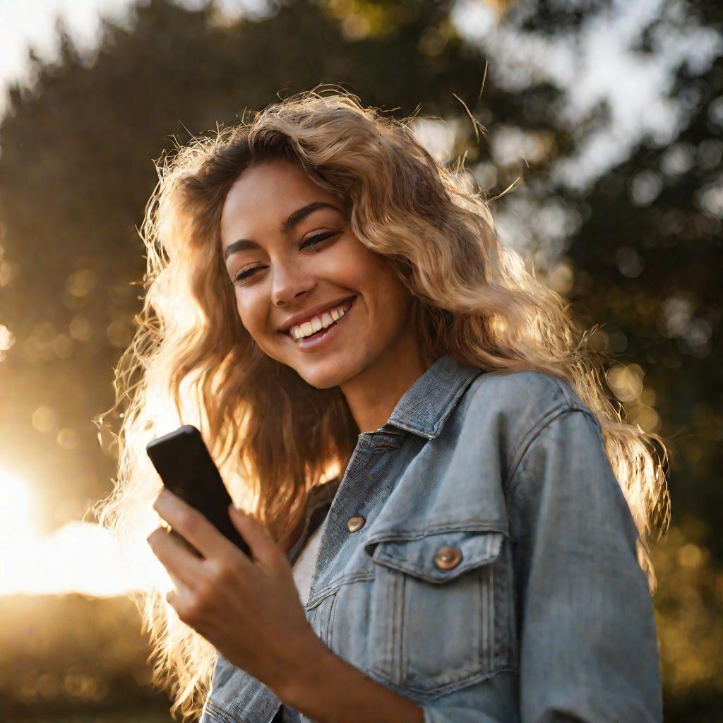 Крупный портрет счастливой молодой женщины, использующей мобильный телефон на улице. Она радостно улыбается, освещенная теплым солнцем на закате, ее волосы развеваются на легком ветерке.