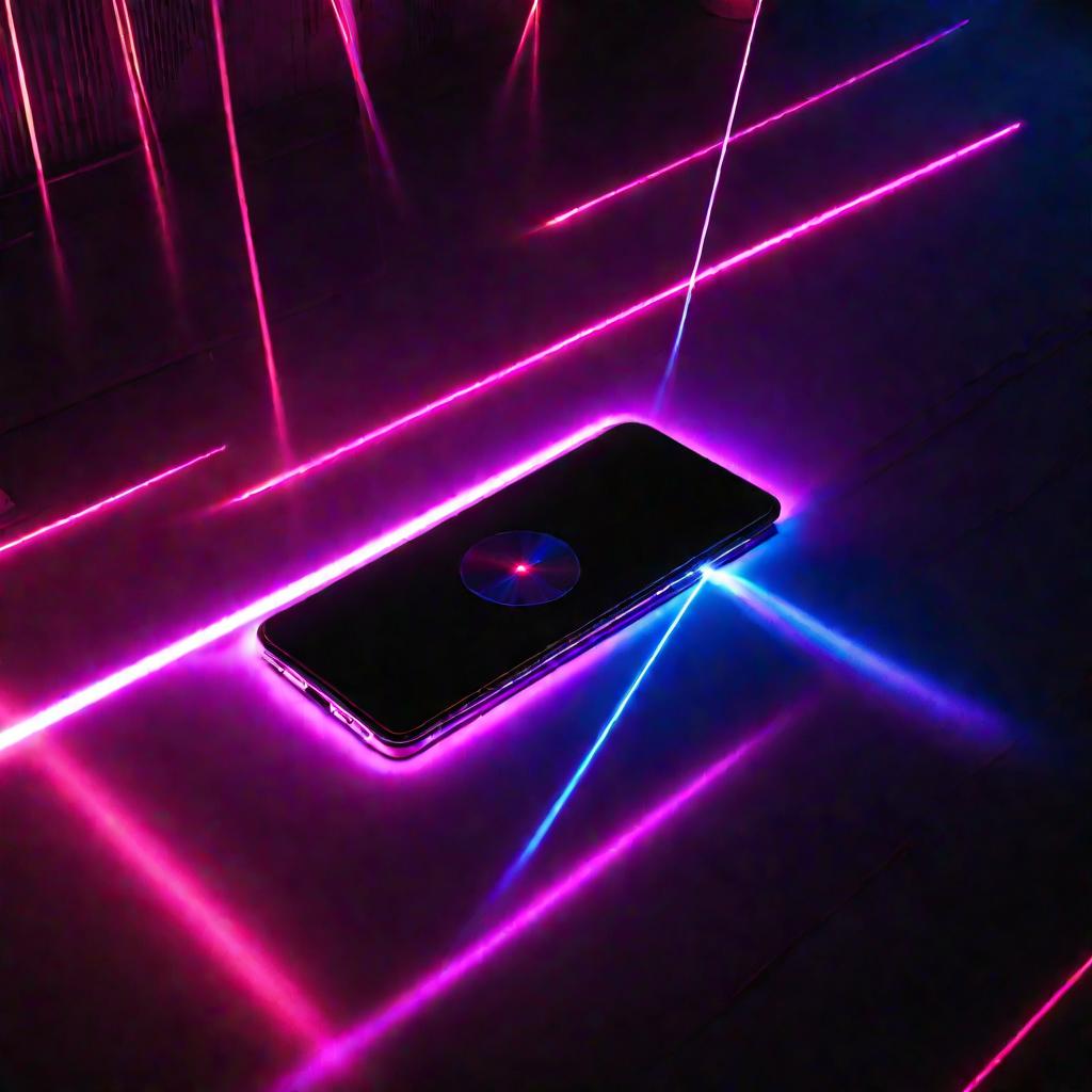 Вид сверху на смартфон, излучающий яркие неоновые лазерные лучи в абсолютно темной комнате, освещая пространство своим пульсирующим сиянием.