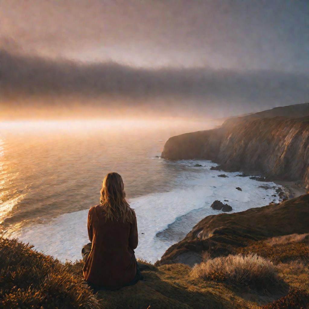 Широкий кинематографический кадр женщины, сидящей в одиночестве на скале с видом на туманное побережье на закате. На ее лице задумчивое, сосредоточенное выражение, пока золотой свет освещает ее лицо. Чувствуется одиночество, размышление и самопознание.