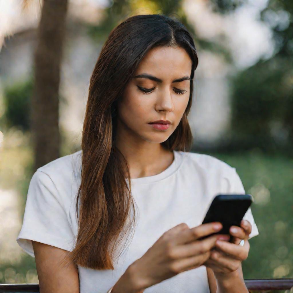 Крупный план молодой женщины, смотрящей в экран смартфона с нейтральным выражением лица.