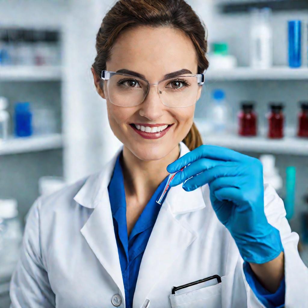 Портрет улыбающейся женщины-ученого в белом халате держащей пробирку с кровью в лаборатории