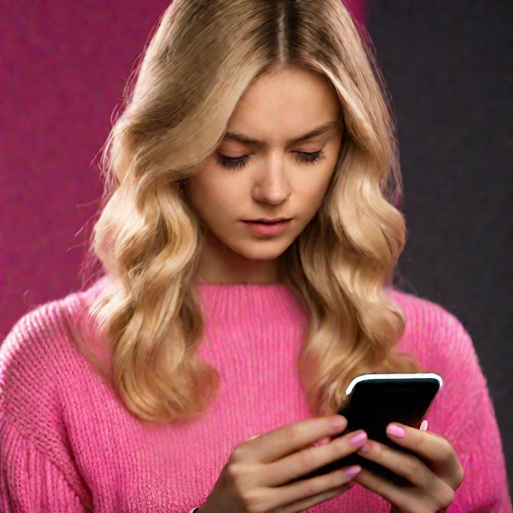 Девушка смотрит на экран смартфона с недоуменным выражением лица