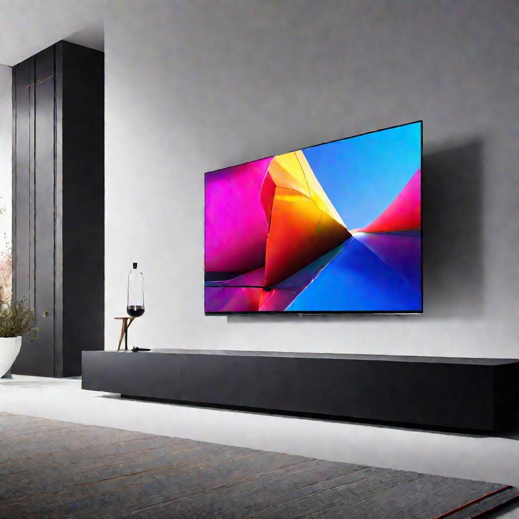 Вид снизу на тонкий телевизор LG OLED, закрепленный на белой стене. На глянцевом черном экране отображаются разноцветные фигуры и линии. Комнатное освещение подсвечивает металлический корпус телевизора.