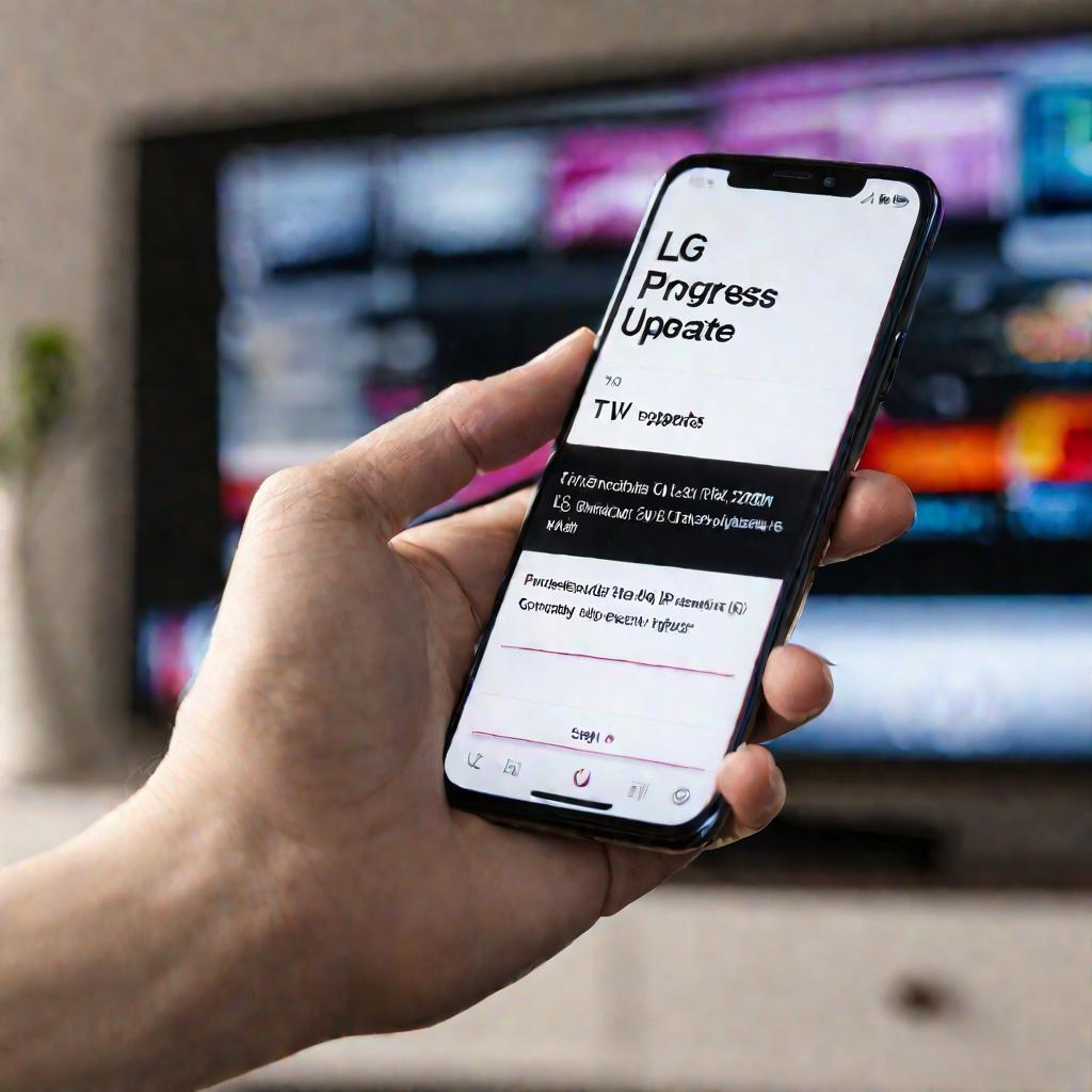 Крупный план руки, держащей смартфон с открытой страницей обновления ПО телевизоров LG. На экране видна полоса прогресса частично заполненная. Фон размыт.