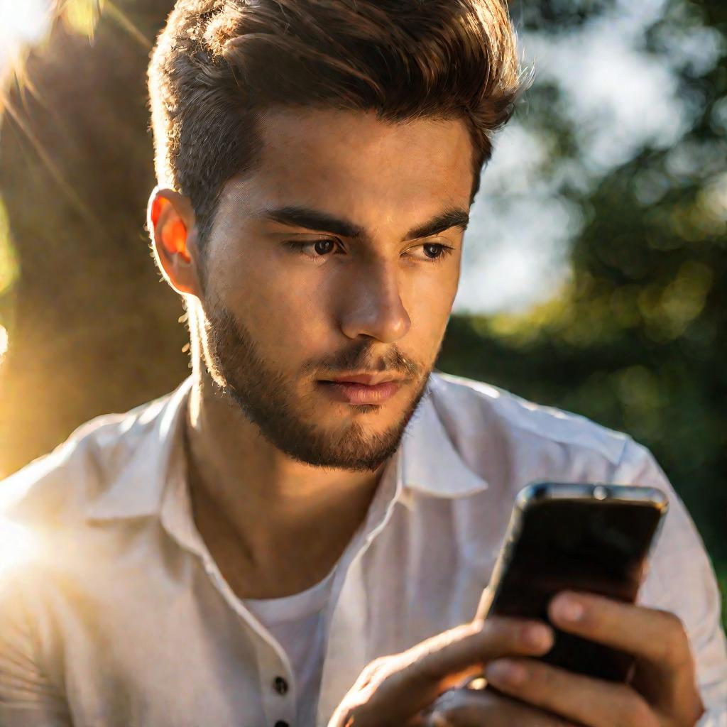 Мужчина держит телефон в руке с открытым приложением Теле2 на экране и смотрит на номер телефона, отображенный на экране