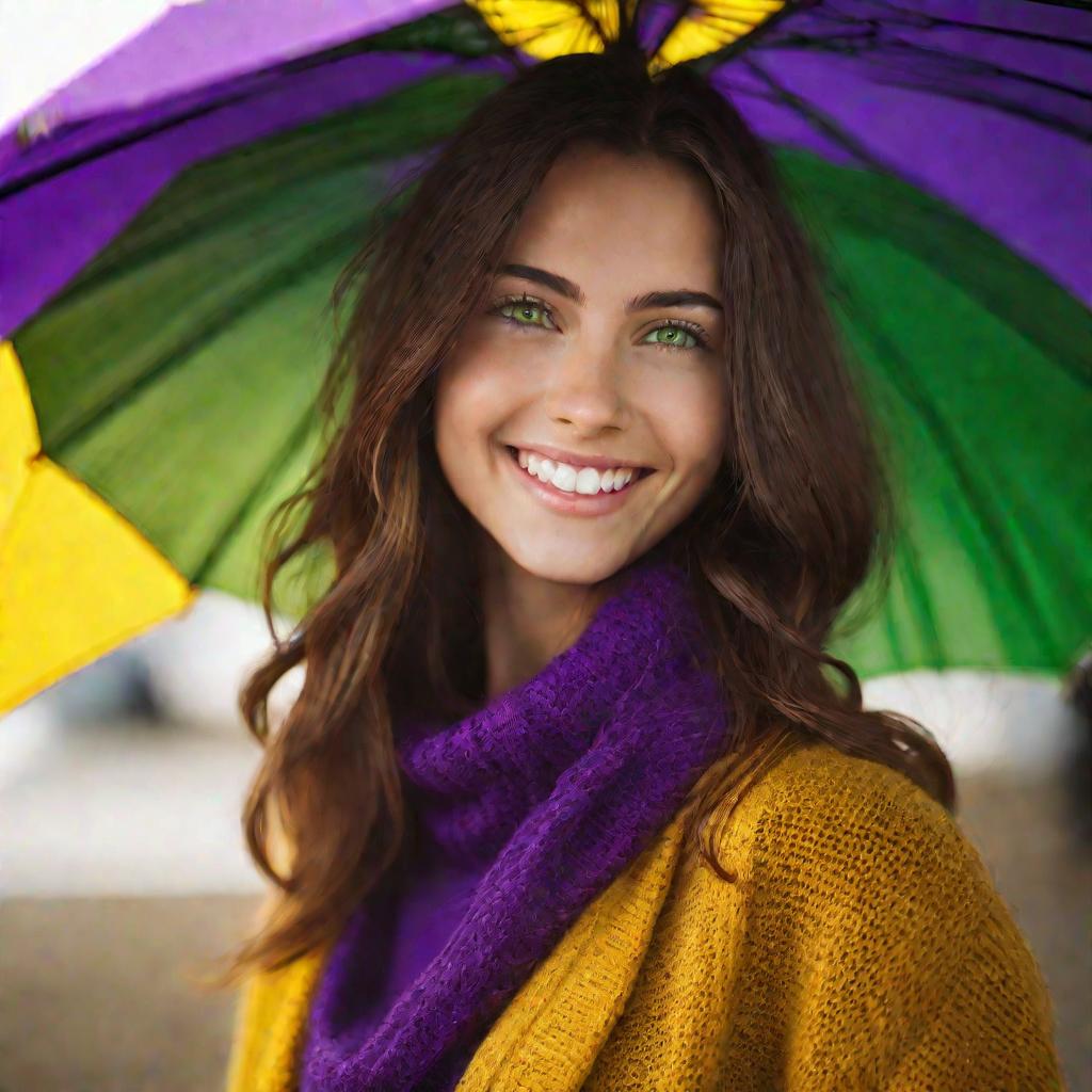 Портрет улыбающейся девушки с зонтиком.
