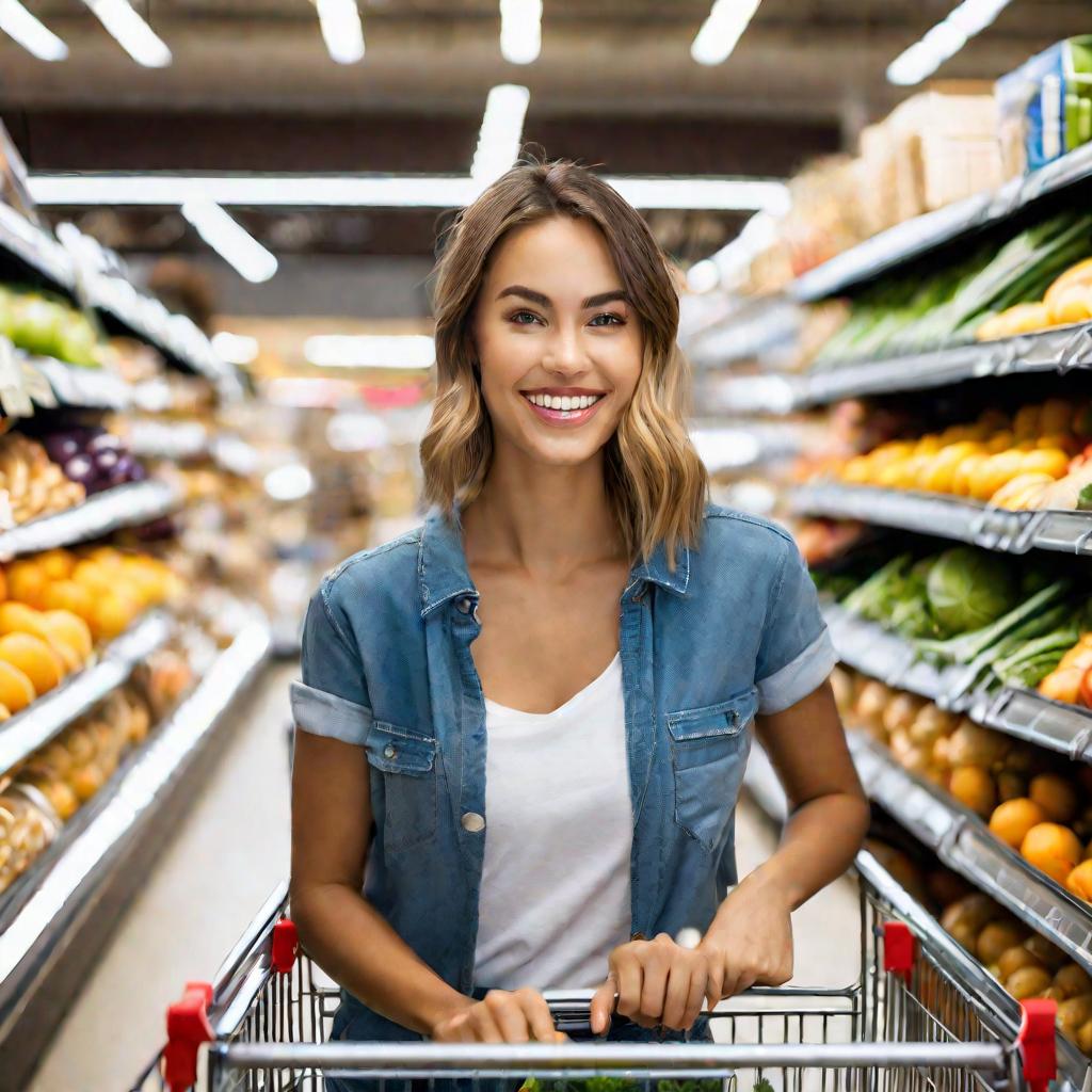 Портрет улыбающейся девушки с тележкой продуктов из супермаркета Юнимолл.