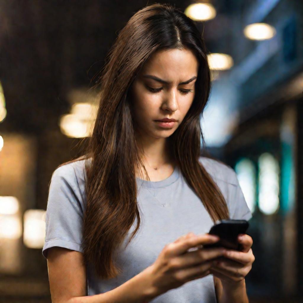 Девушка смотрит в телефон с приложением для определения оператора по номеру.