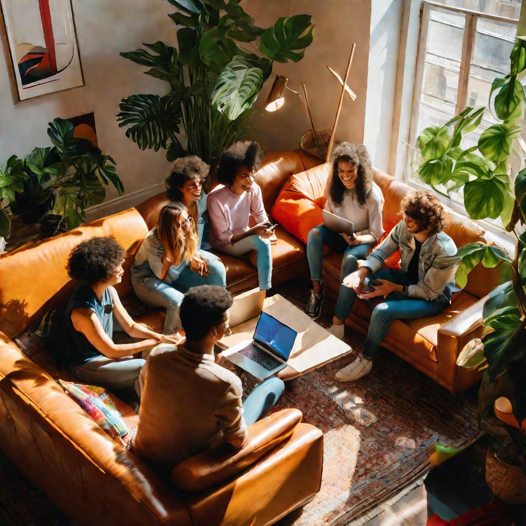 Группа молодых людей смотрит ноутбук в гостинной