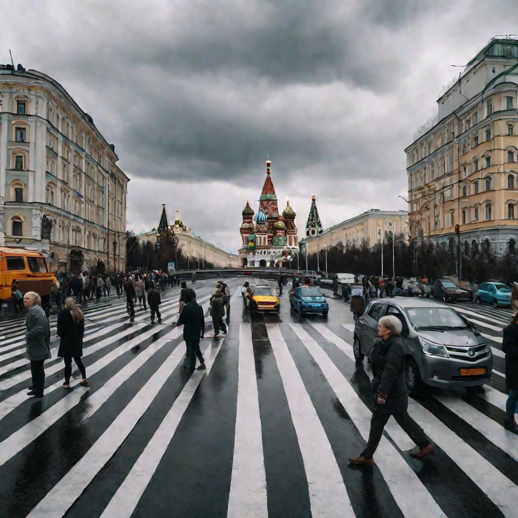 Люди идут по улице, погруженные в свои мобильные телефоны, в пасмурный день в Москве