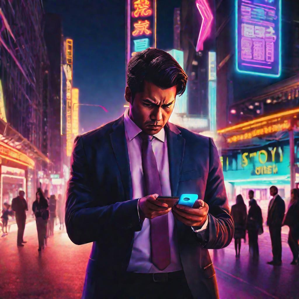 Мужчина на улице хмурится глядя на телефон, где отображается нулевой баланс интернет трафика