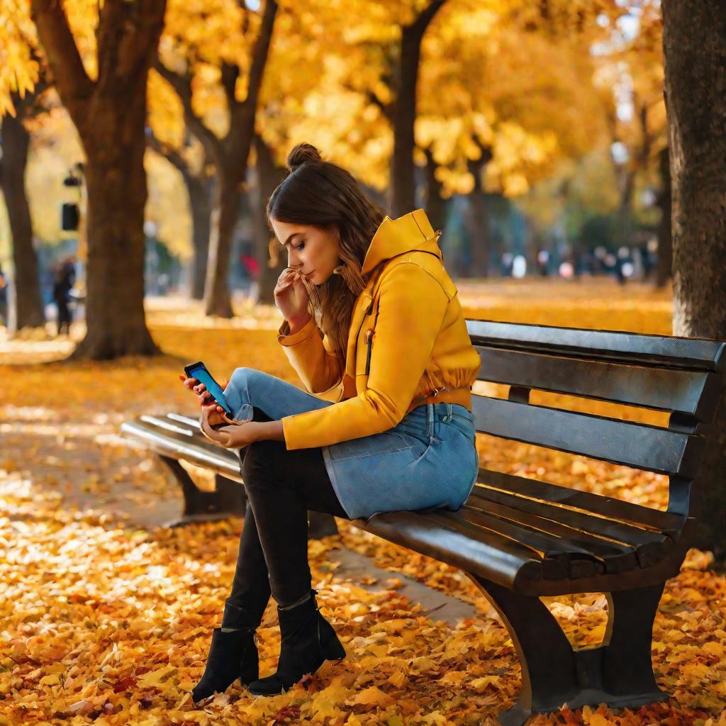 Девушка на скамейке в парке выбирает новый тарифный план на телефоне, вокруг падают разноцветные осенние листья