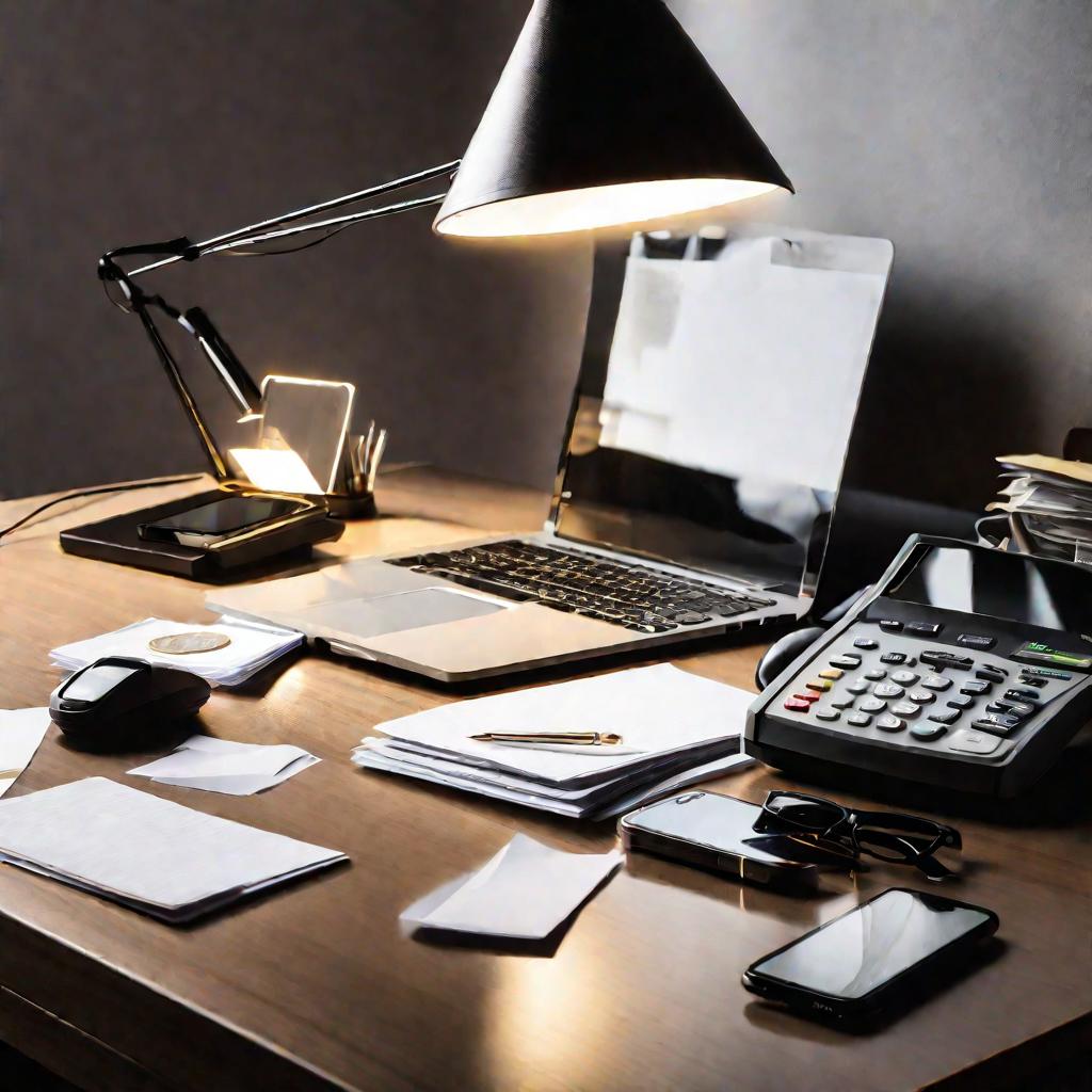 Рабочий стол в офисе, на котором разбросаны деньги, символизирующие долги и финансовые потери