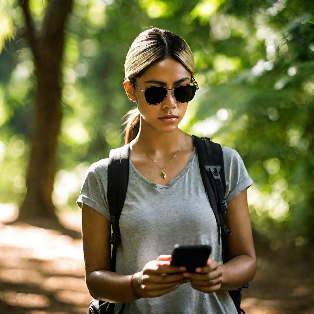 Девушка смотрит в телефон в лесу