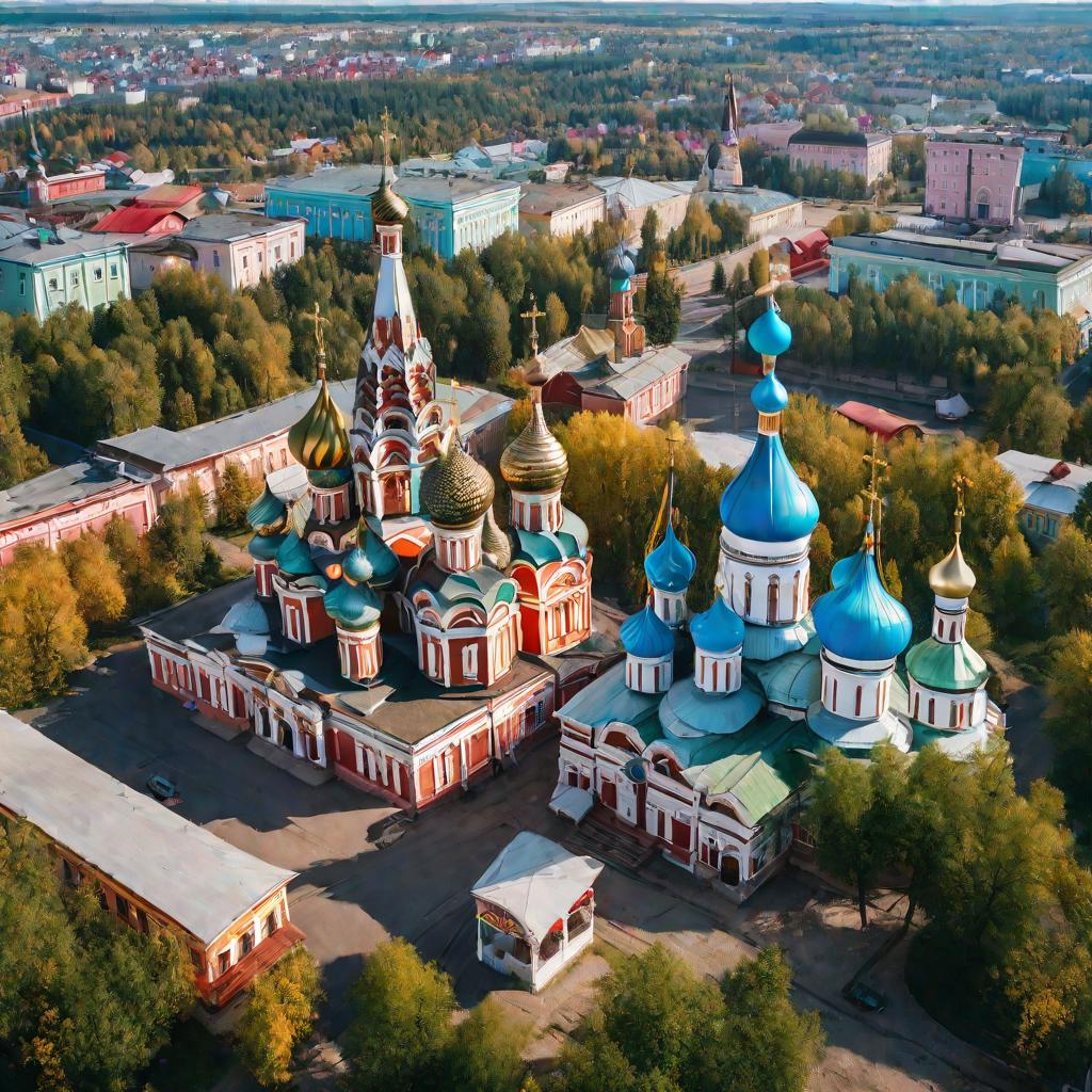 Вид центральной площади с советскими зданиями, машинами и прохожими, на заднем плане - русские церкви