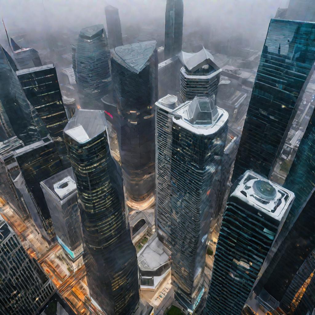 Вид на деловой центр города с высоты птичьего полета в туманный день.