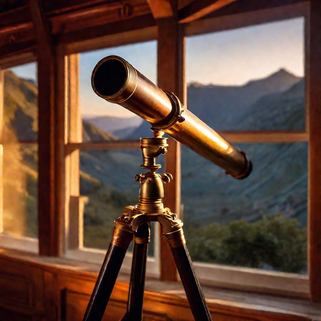 Старинный телескоп на фоне гор в сумерках