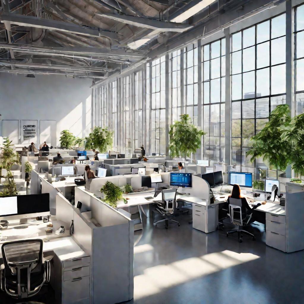 Общий вид сверху на современный офис программистов днем. Большое пространство с высокими потолками, белыми стенами, большими окнами и рядами столов, за которыми программисты увлеченно работают на компьютерах. В окна проникает солнечный свет, создавая спок
