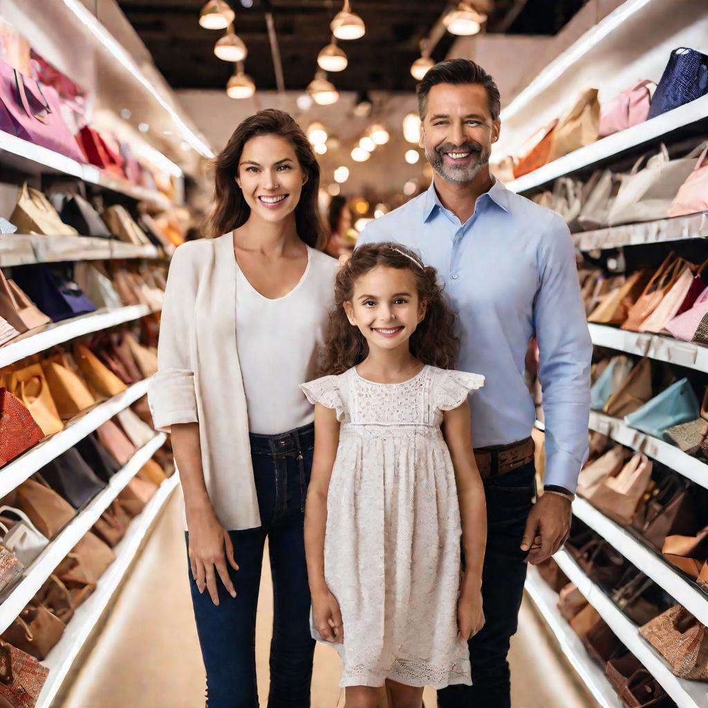 Портрет семьи с покупками в одежном магазине торгового центра