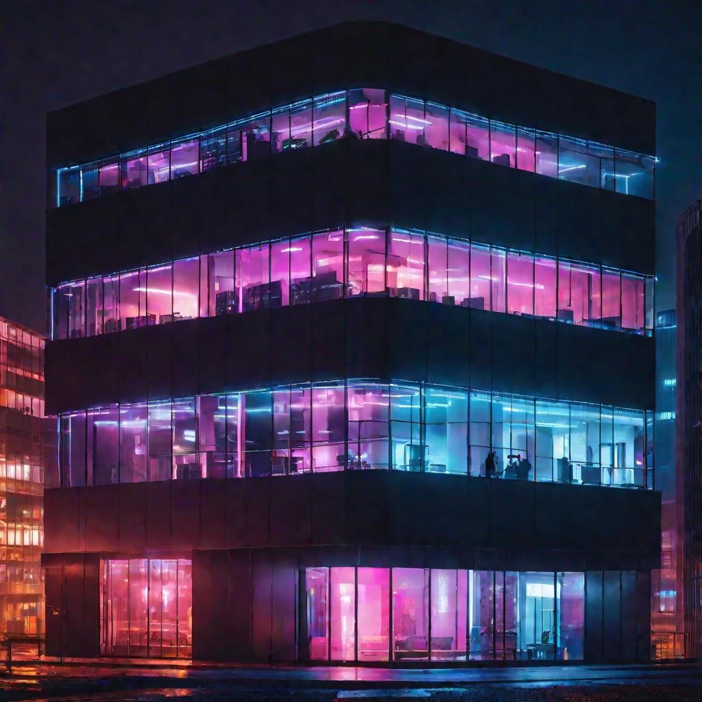 Внешний вид современного офисного здания ночью. На одном из верхних этажей горит свет и видна силуэт человека, работающего допоздна и пишущего код на Python с функцией readline(). Неоновые огни отражаются на мокрых улицах внизу, создавая настроение киберп