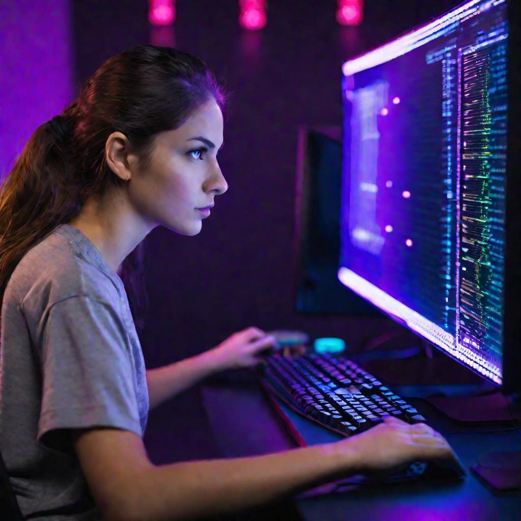 Крупным планом программист девушка пишет код массива на Питоне. Фиолетовая подсветка клавиатуры.