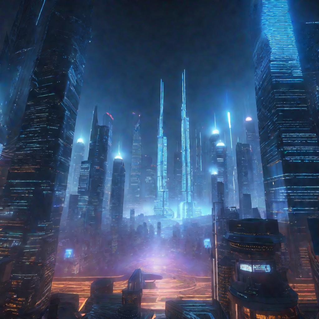Драматичный туманный ночной город с небоскребами. Внизу голографический код массивов Питона синим светом.