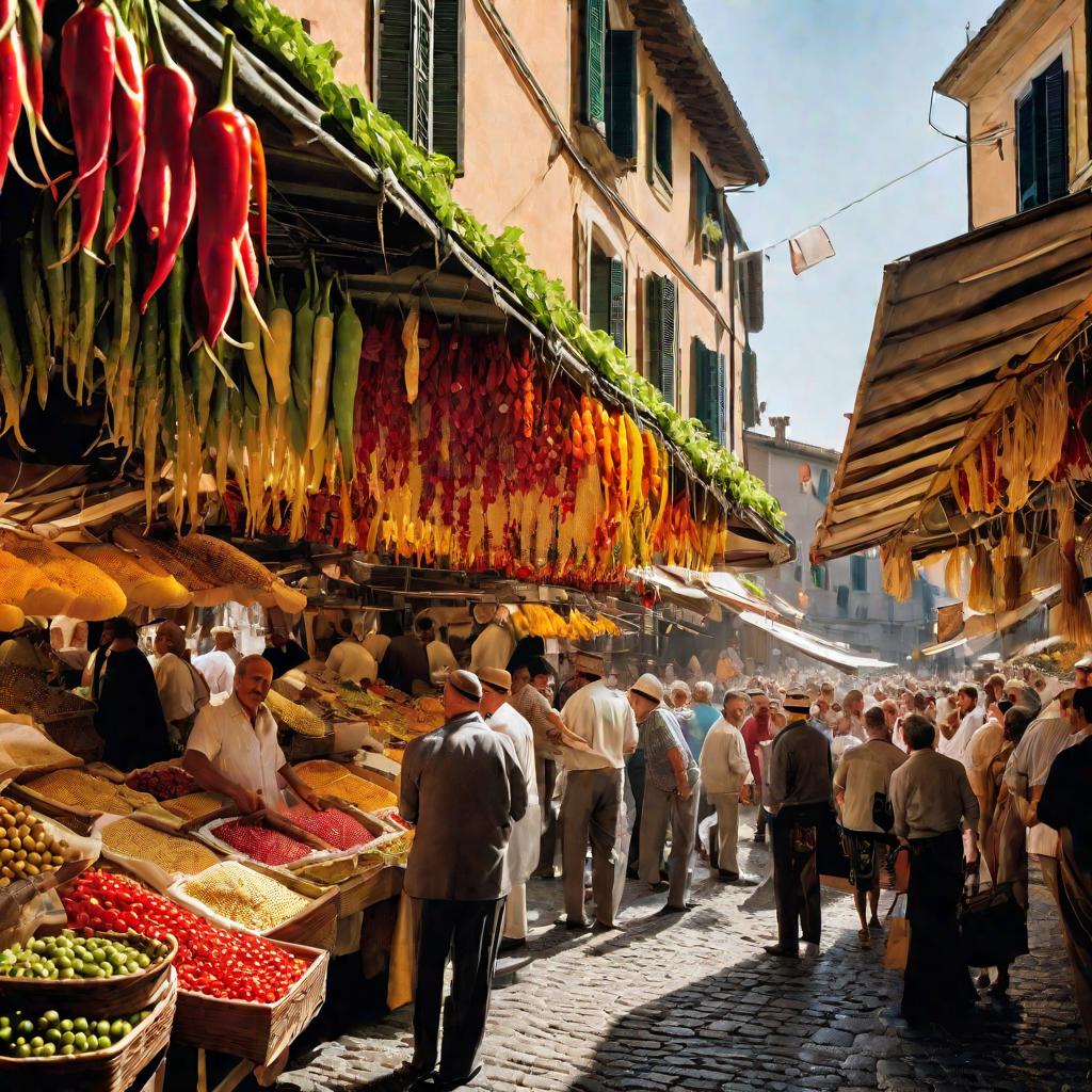 Оживленная сцена на открытом итальянском рынке на узкой булыжной улице
