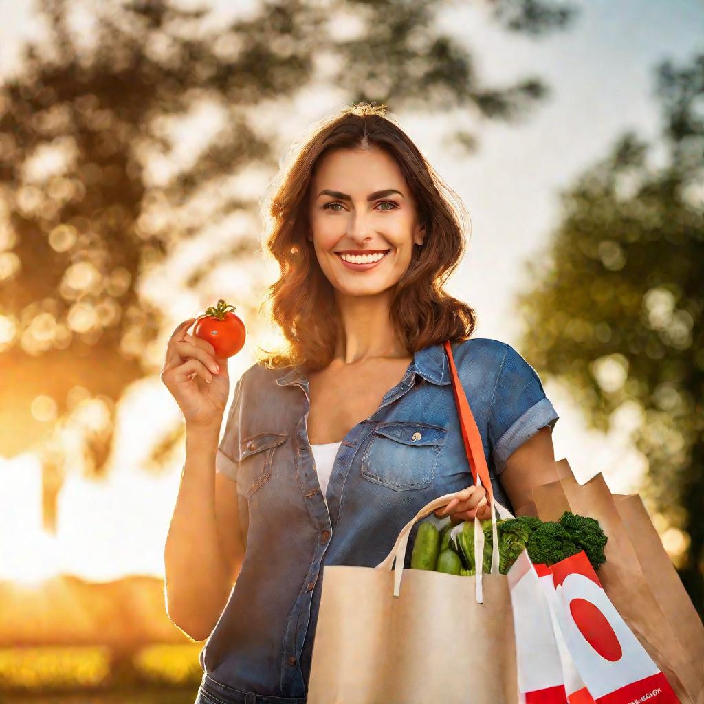 Портрет улыбающейся женщины с пакетами продуктов перед логотипом Ашан