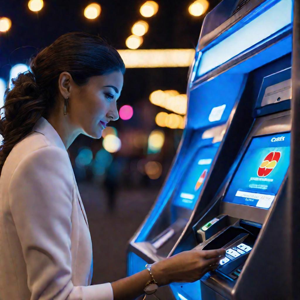 Средний план женщины в деловом костюме, снимающей наличные с помощью кредитной карты в банкомате на городской улице