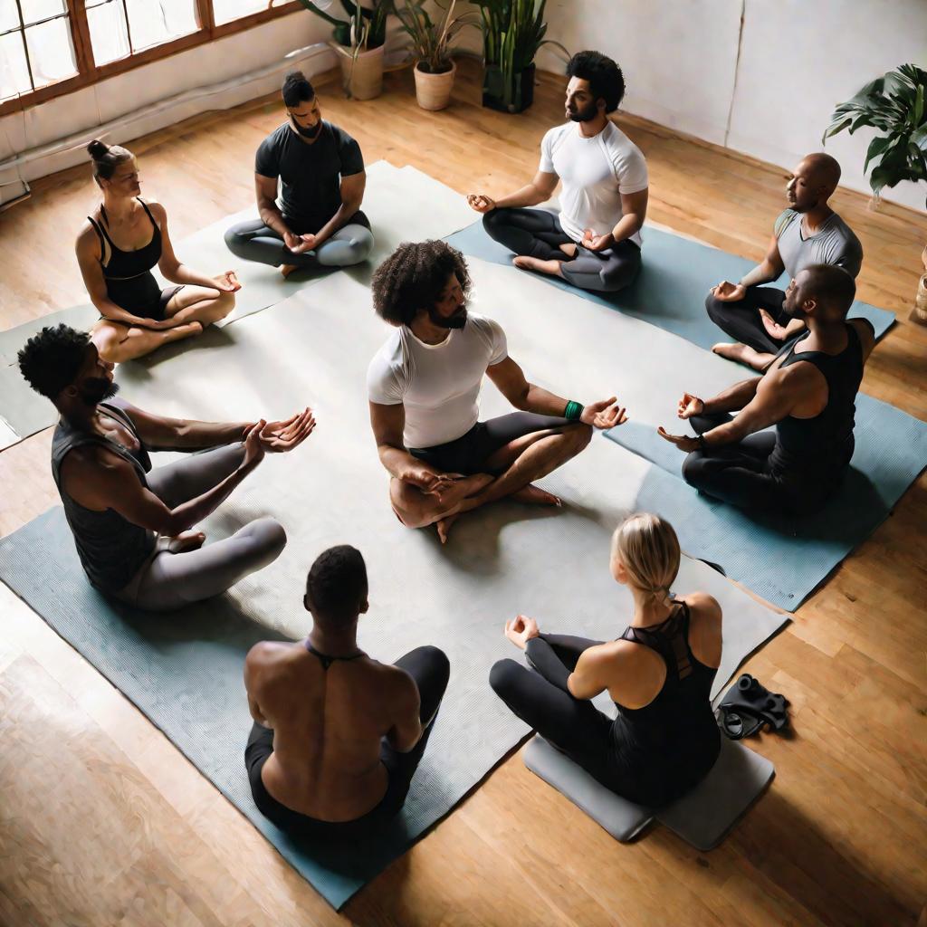 Группа людей медитирует вместе утром в студии йоги.