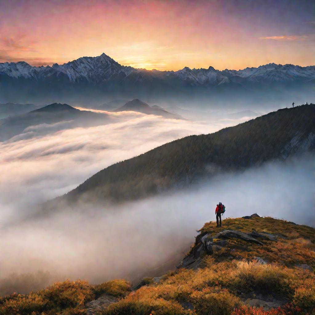 Широкий живописный вид туманного горного пейзажа на рассвете. Одинокий путешественник стоит на вершине горы, обозревая панораму, что вызывает ощущение свободы и избавления от ограничений долга