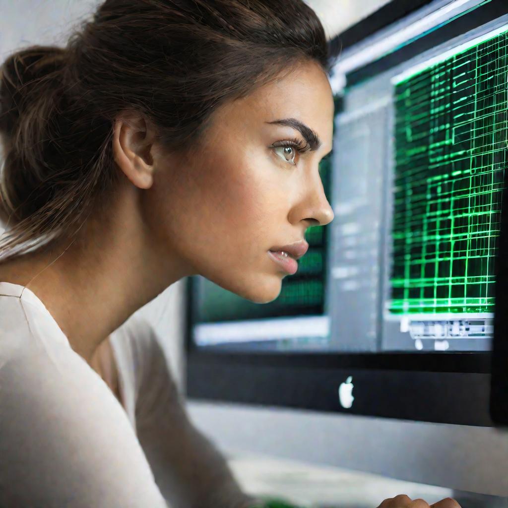 Портрет молодой девушки, настраивающей сетку в Фотошопе на компьютере.