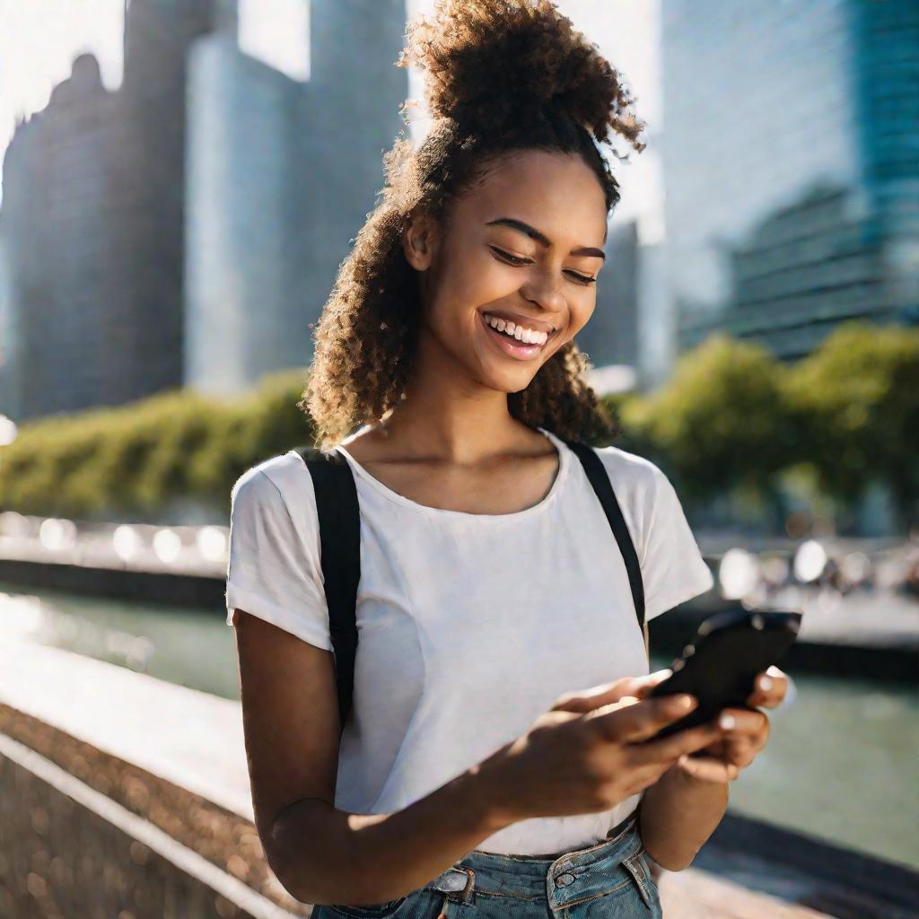 Крупный портрет молодой женщины, радостно улыбающейся на улице на фоне современного города. Она держит смартфон и, кажется, что-то читает или печатает. Мягкое естественное освещение и яркий городской пейзаж передают ощущение радости, энергии и возможносте