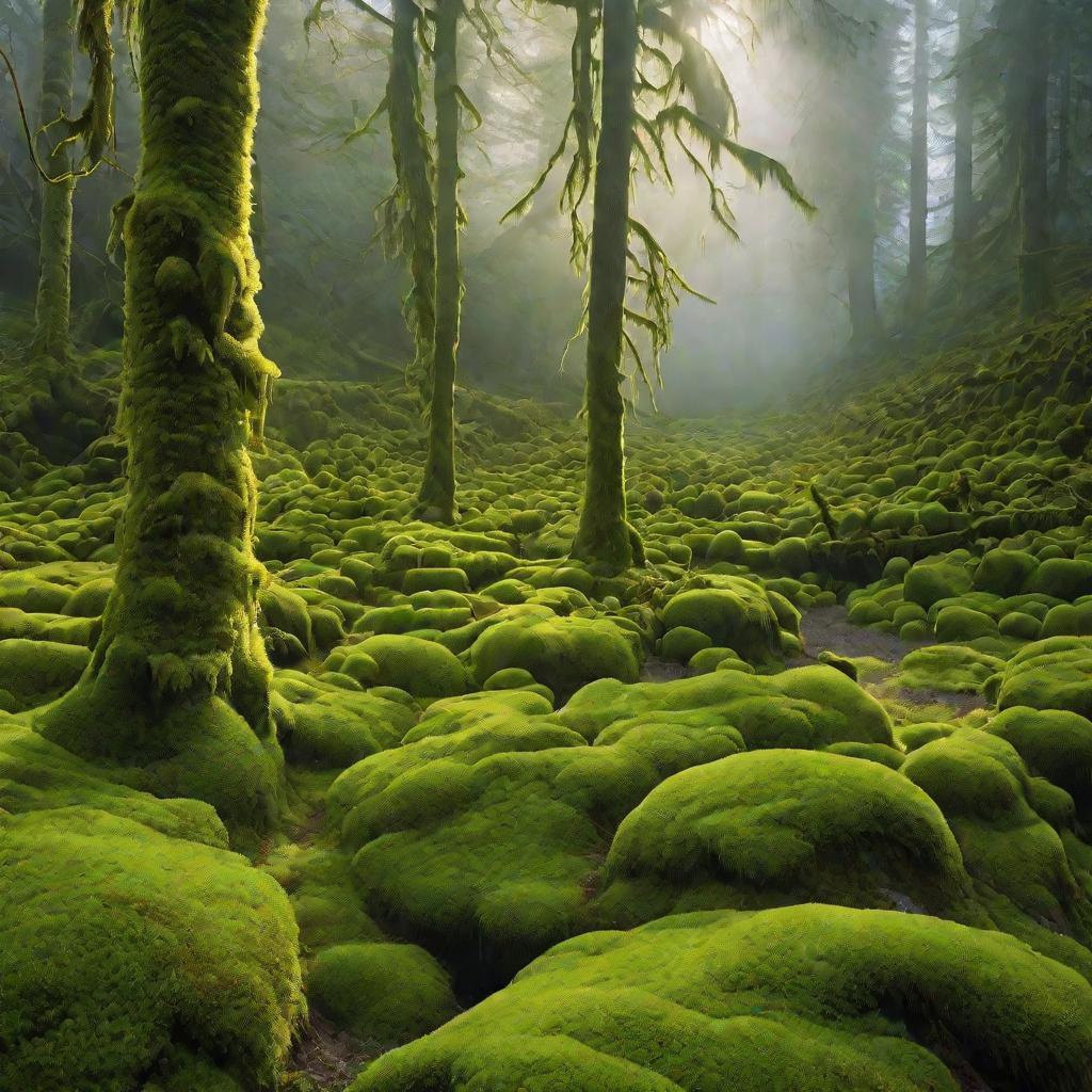 Пышный зеленый ковер мха в древнем лесу