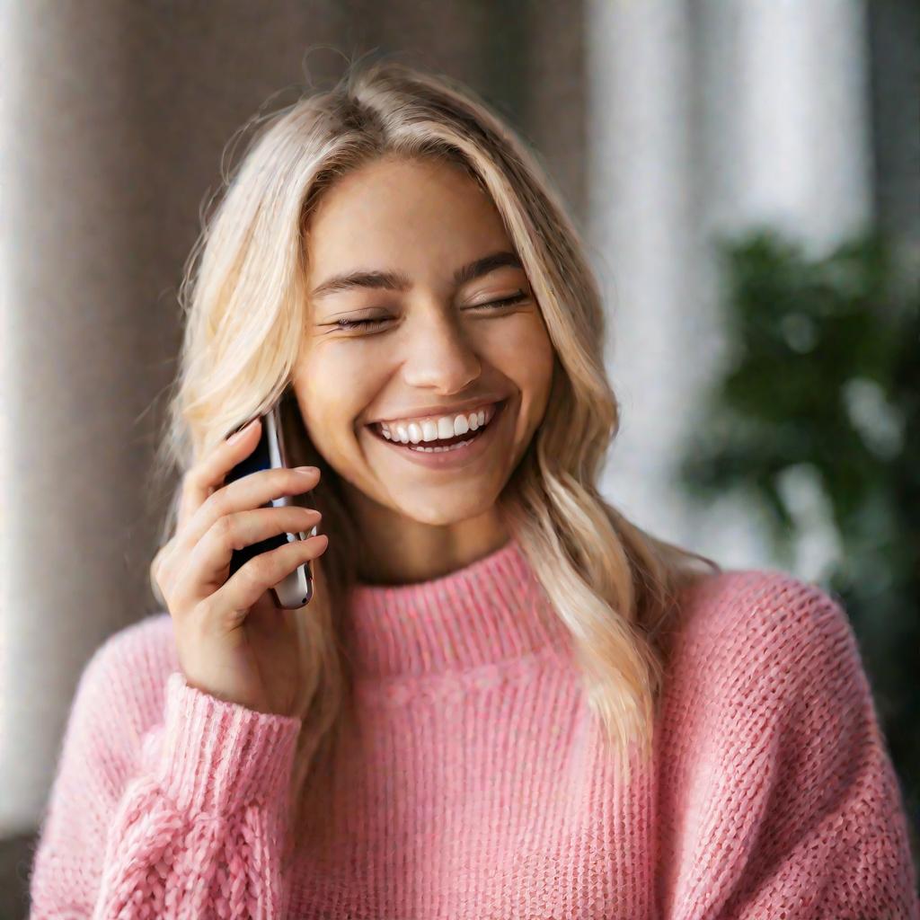 Портрет счастливой девушки, разговаривающей по смартфону
