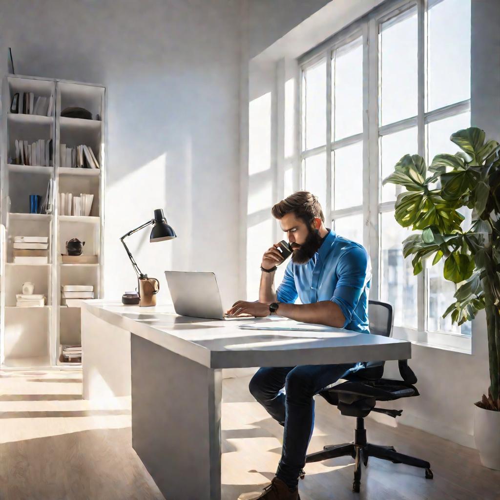 Светлый минималистичный офис с молодым человеком за столом с ноутбуком